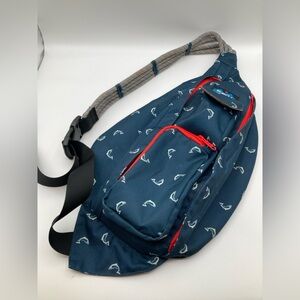 KAVU Rope Sling Bag Dolphin Fish Print Pockets Navy Red Canvas Hiking Everyday